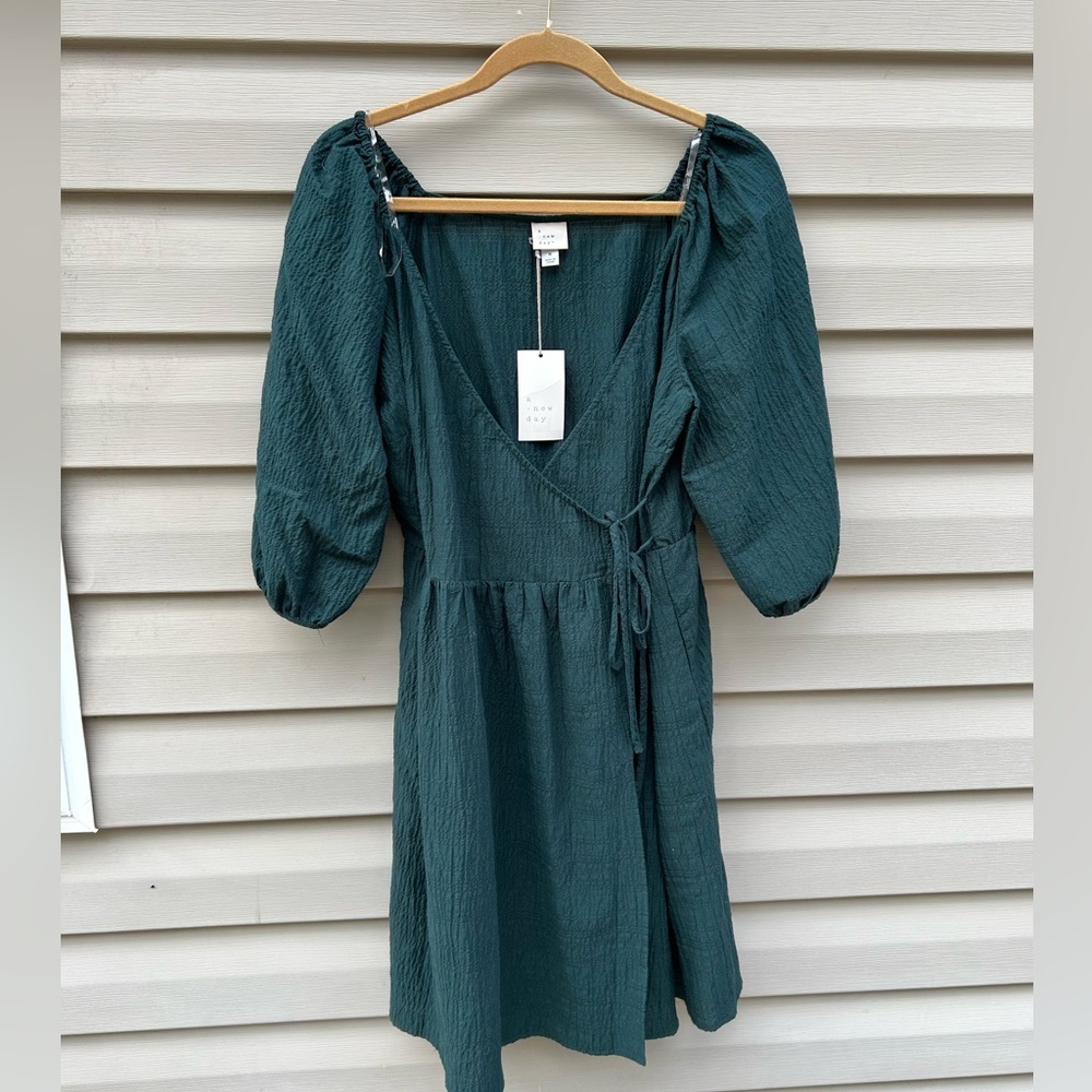 A New Day NWT Size M green puff sleeve midi dress Cottagecore faux wrap …